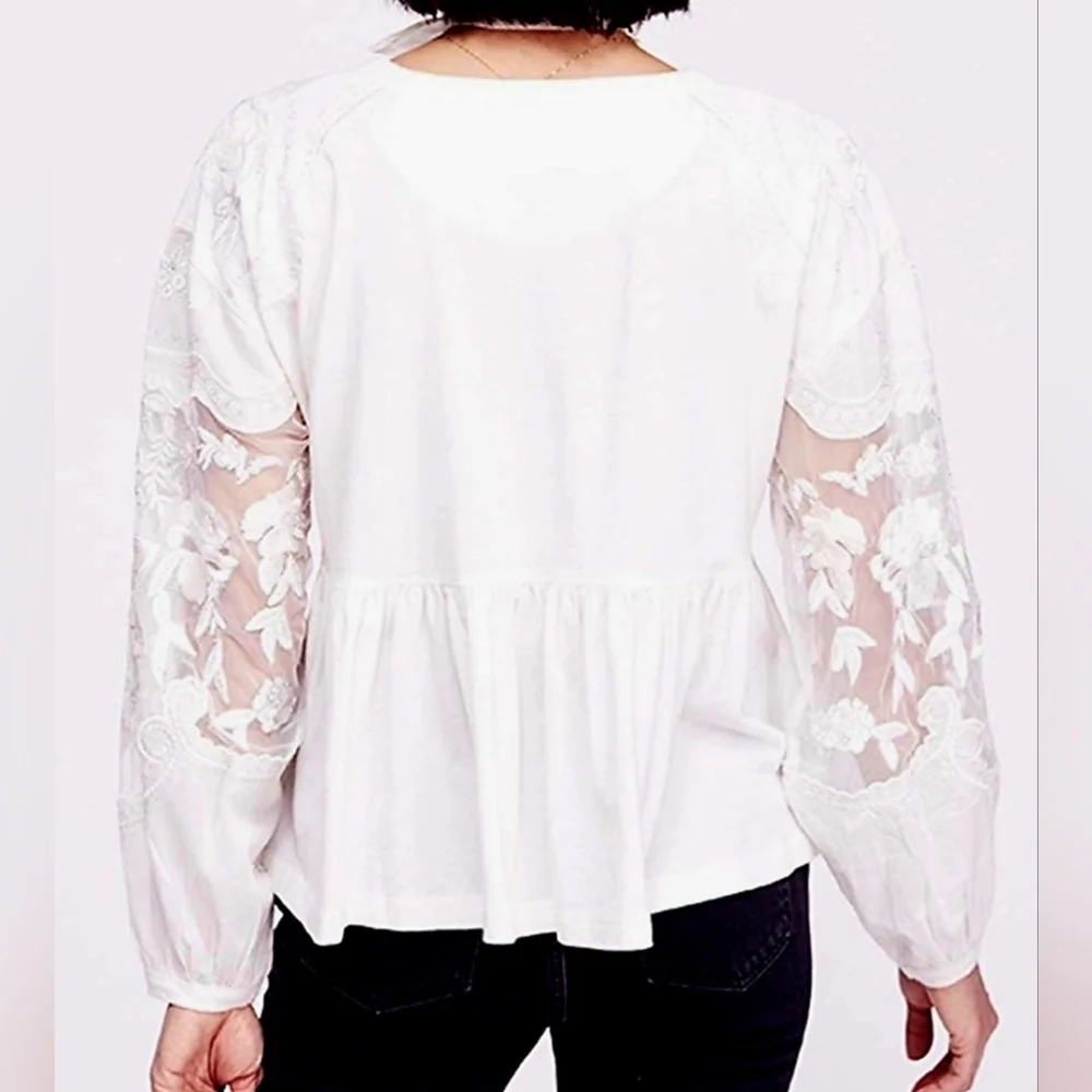Free People Women Boho Blouse 100% Cotton Embroidered Puff Mesh Peplum Small/Med